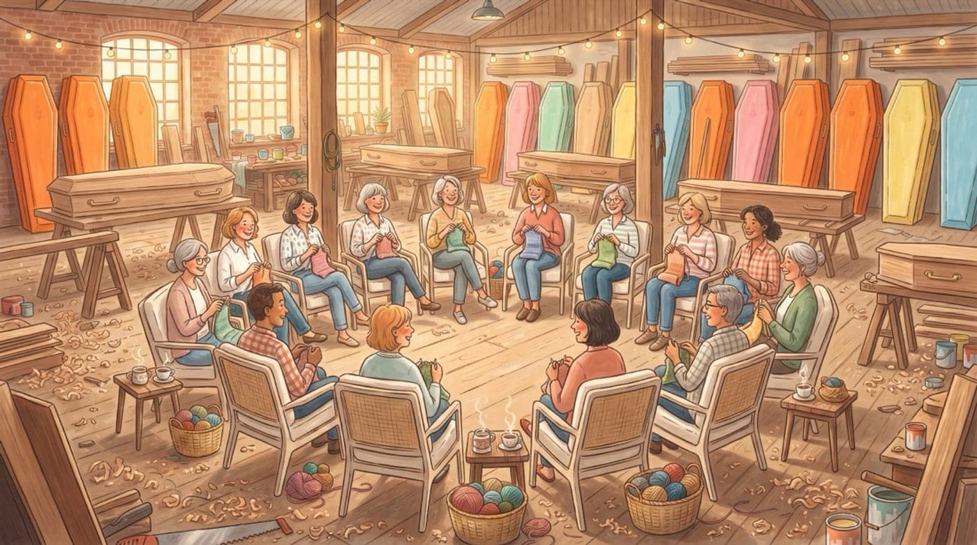 Illustration af et muntert strikkehold i lette stole i en rundkreds midt i en kistefabrik med kister i orange og andre glade farver — se detaljerne i kalenderen.