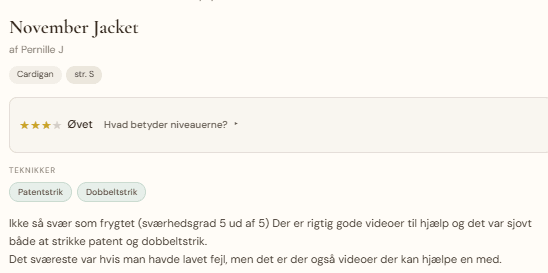 Skærmbillede af opslaget “November Jacket” af Pernille J med sværhedsgrad og teknik-tags som patentstrik og dobbeltstrik.