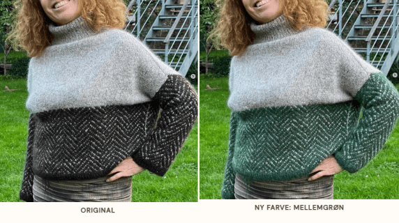 Før og efter: den samme sweater vist i sin originale farve og med en ny mellemgrøn farve genereret af AI-visualizeren.